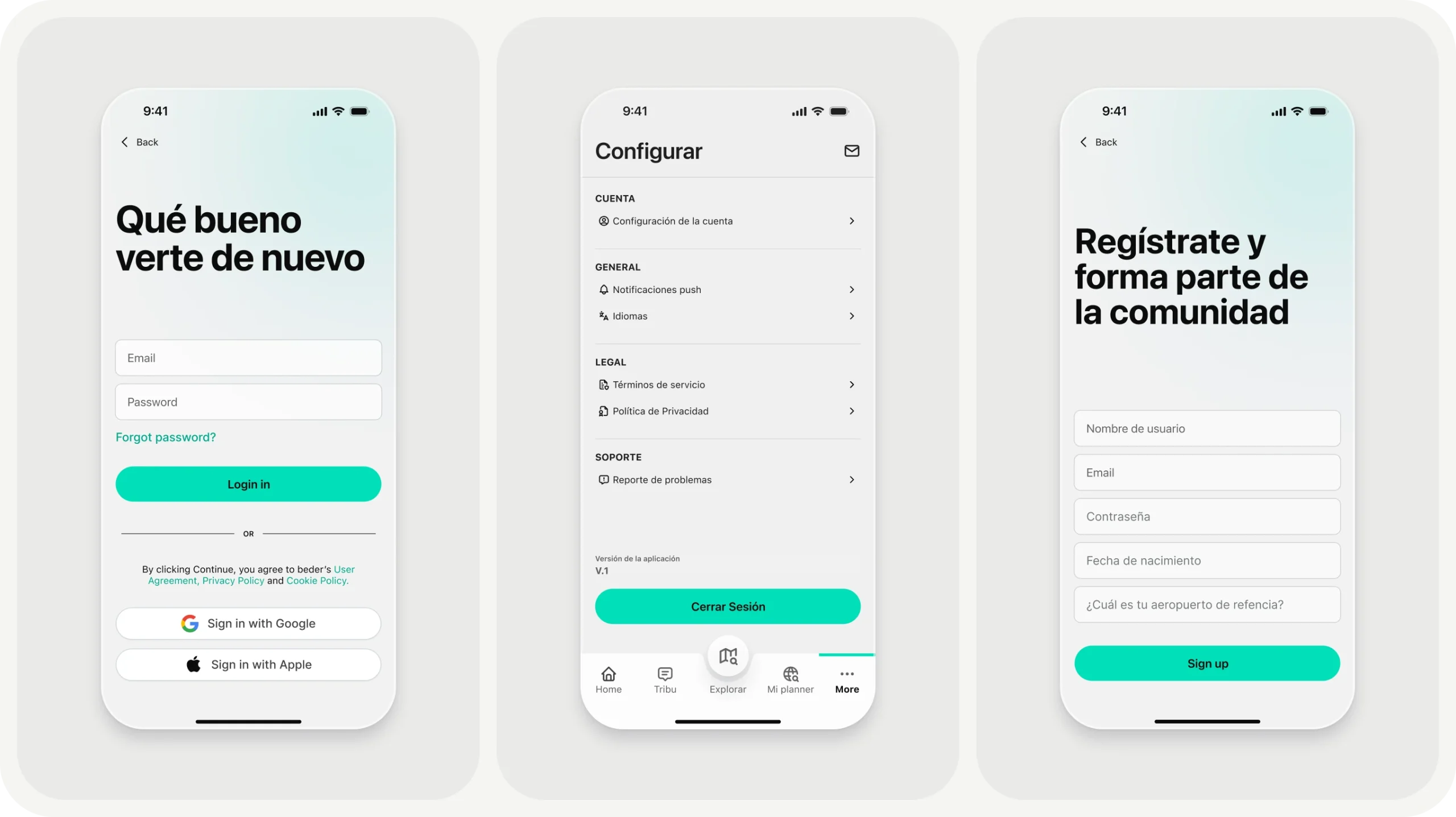 Flujo de autenticación y panel de configuración de usuario para la app Beder desarrollado por Tantumtech.