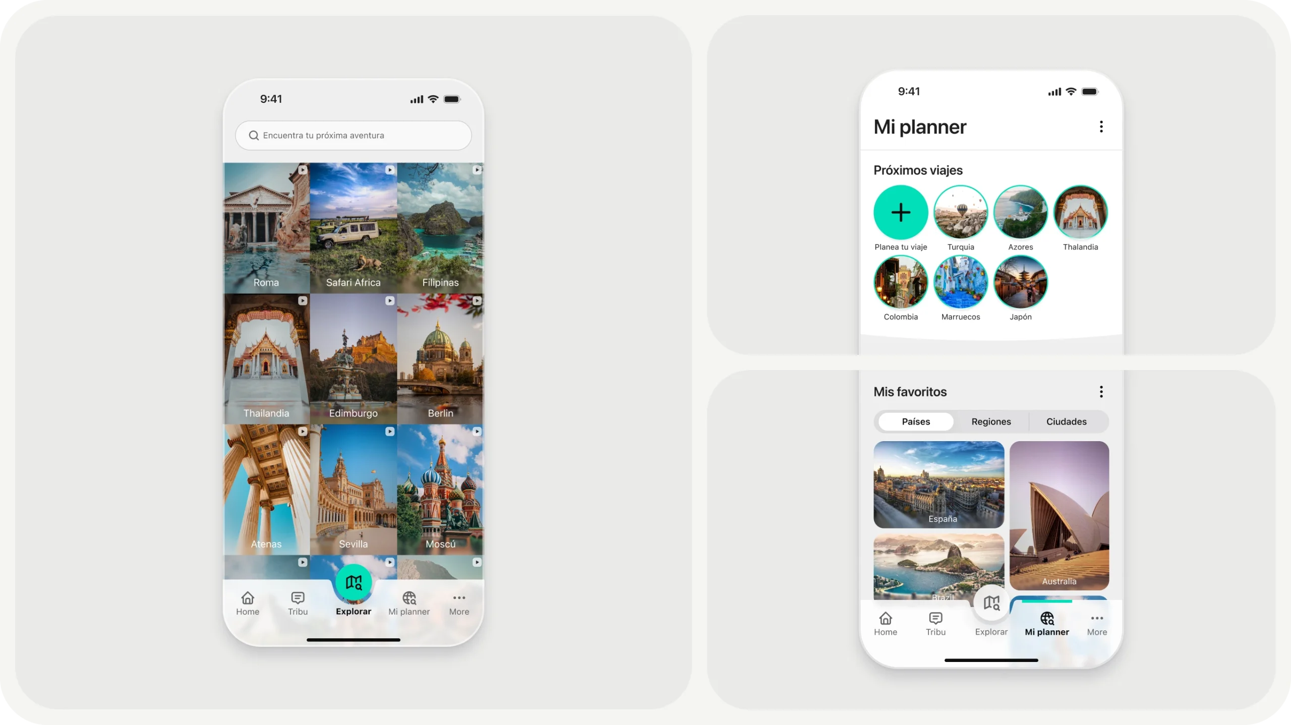 Interfaz de planificación de viajes y gestión de favoritos para la app Beder, diseñada por Tantumtech.