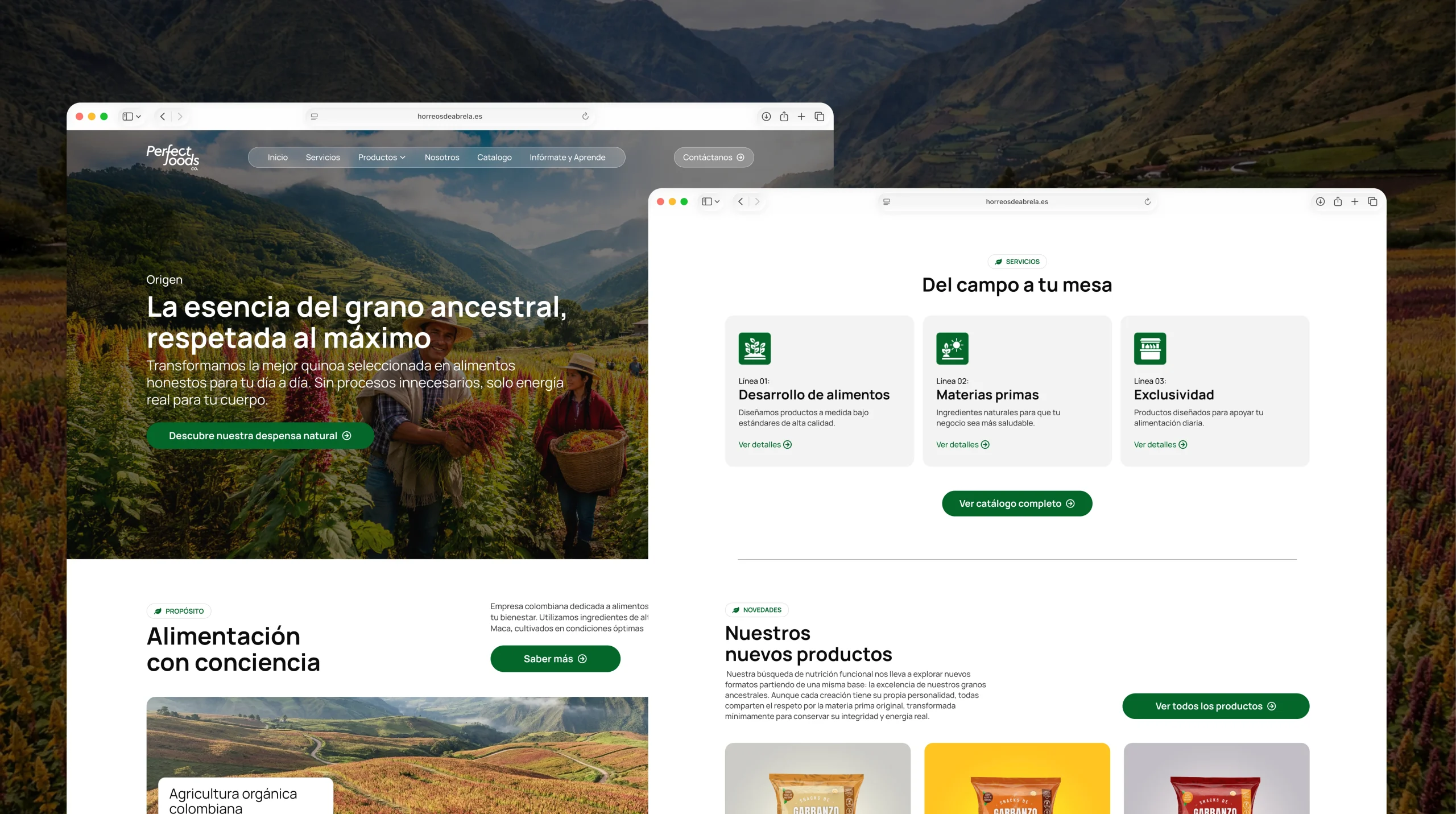 Visualización del sistema de diseño y arquitectura web para Perfect Foods Co., incluyendo secciones de servicios premium y catálogo de productos, desarrollado por TantumTech.