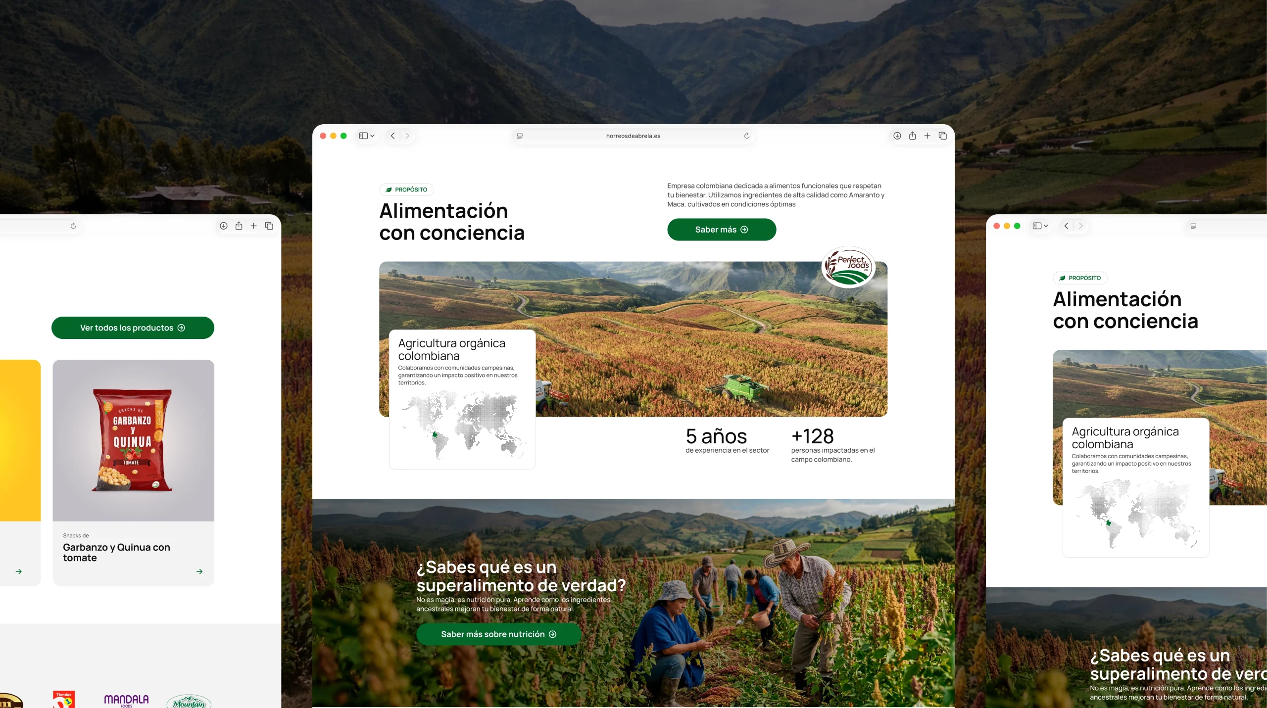 Diseño de branding y storytelling para Perfect Foods Co. Destacamos la sección de propósito de marca y catálogo de productos premium.