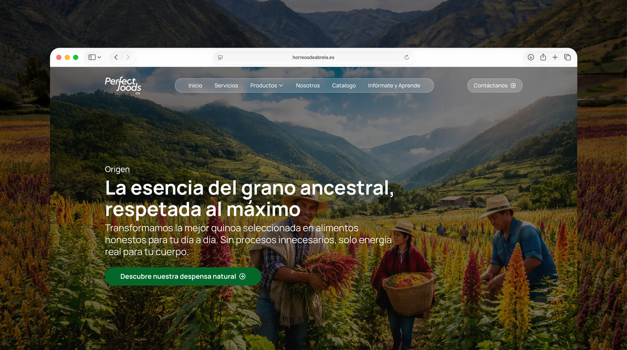Mockup de la página principal de Perfect Foods Co. diseñada por TantumTech, destacando el concepto de nutrición ancestral y diseño de alta fidelidad.
