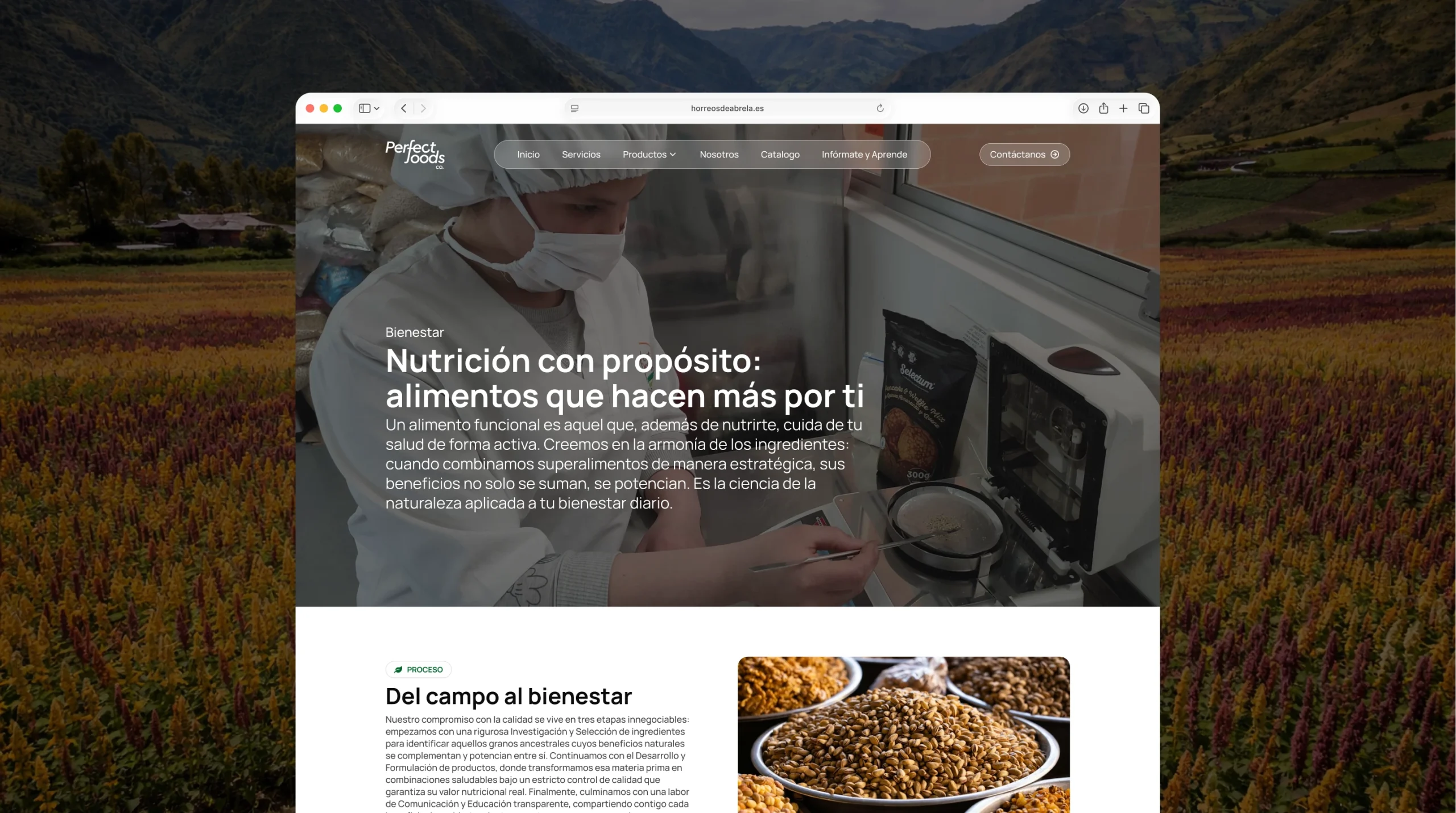 Diseño de interfaz (UI) para Perfect Foods enfocado en nutrición con propósito y alimentos funcionales, desarrollado por TantumTech